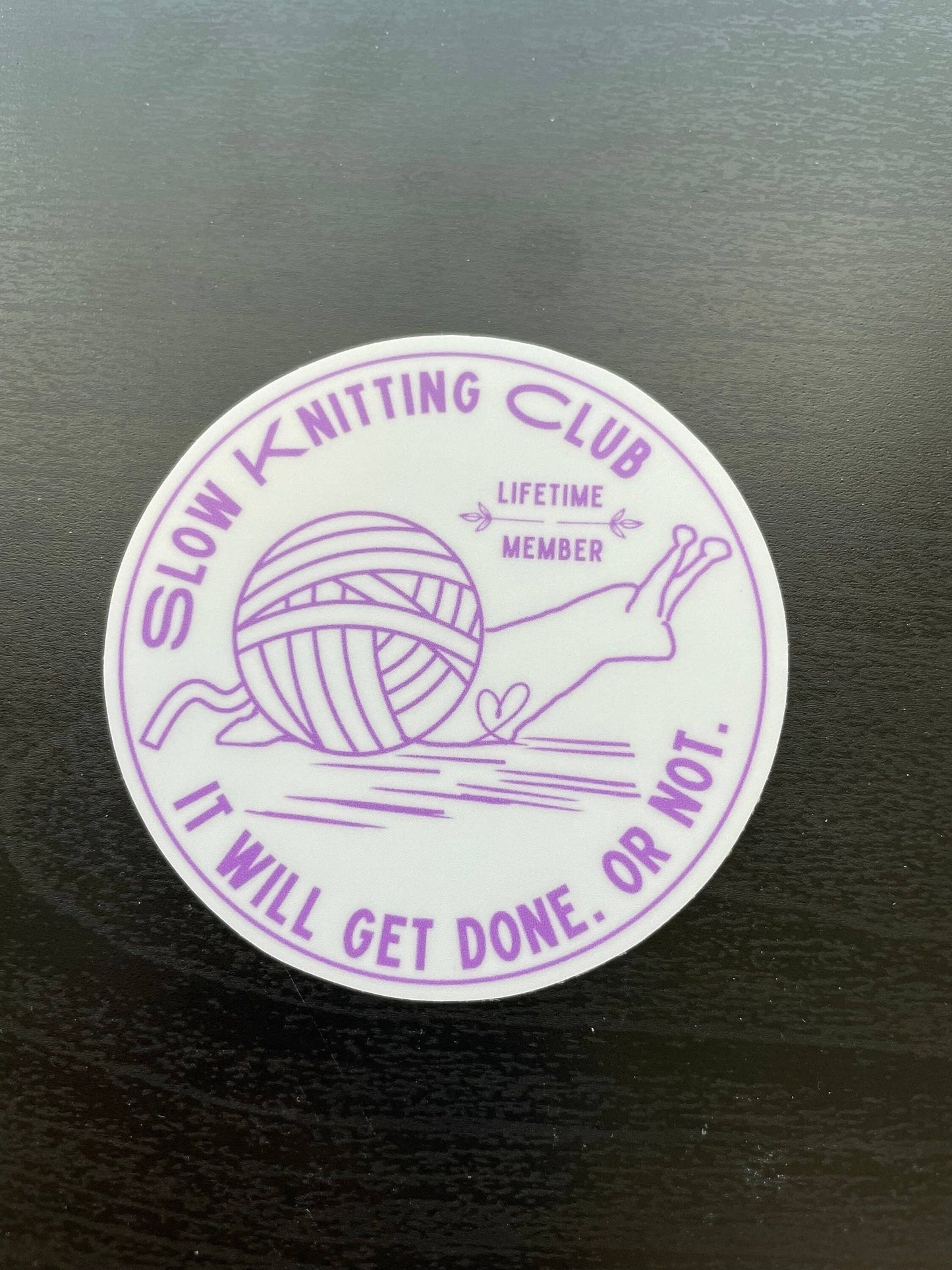 Vinyl Sticker - Slow Knitting Club - Purple White Yarn Snail