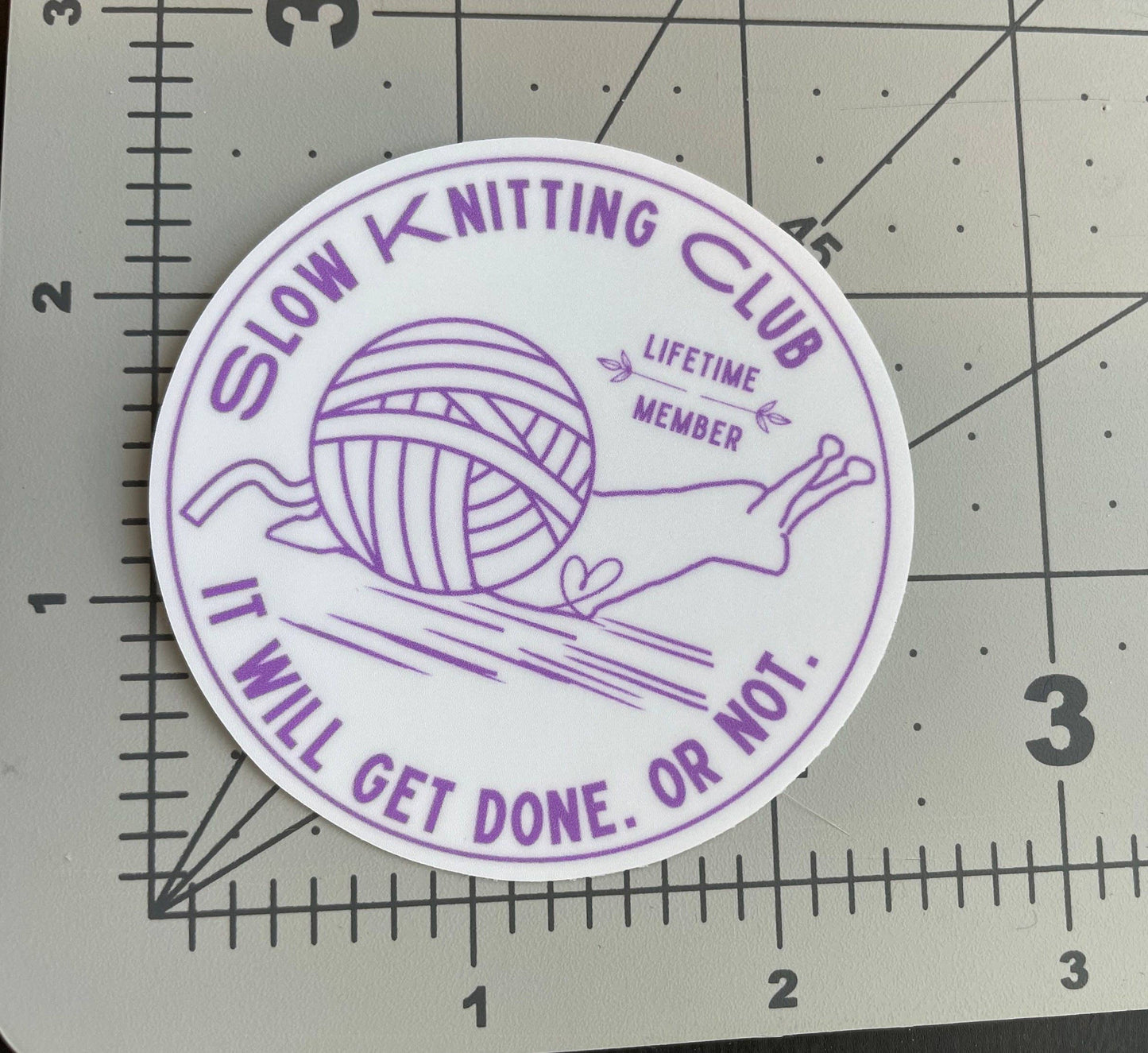 Vinyl Sticker - Slow Knitting Club - Purple White Yarn Snail